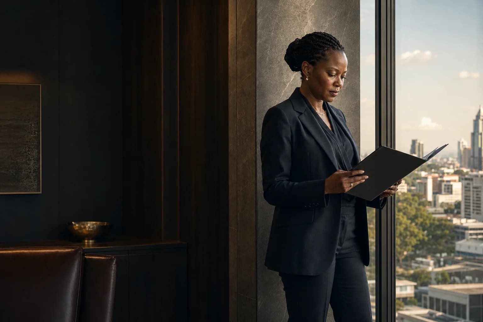Finance executive reviewing transaction documents in a city office